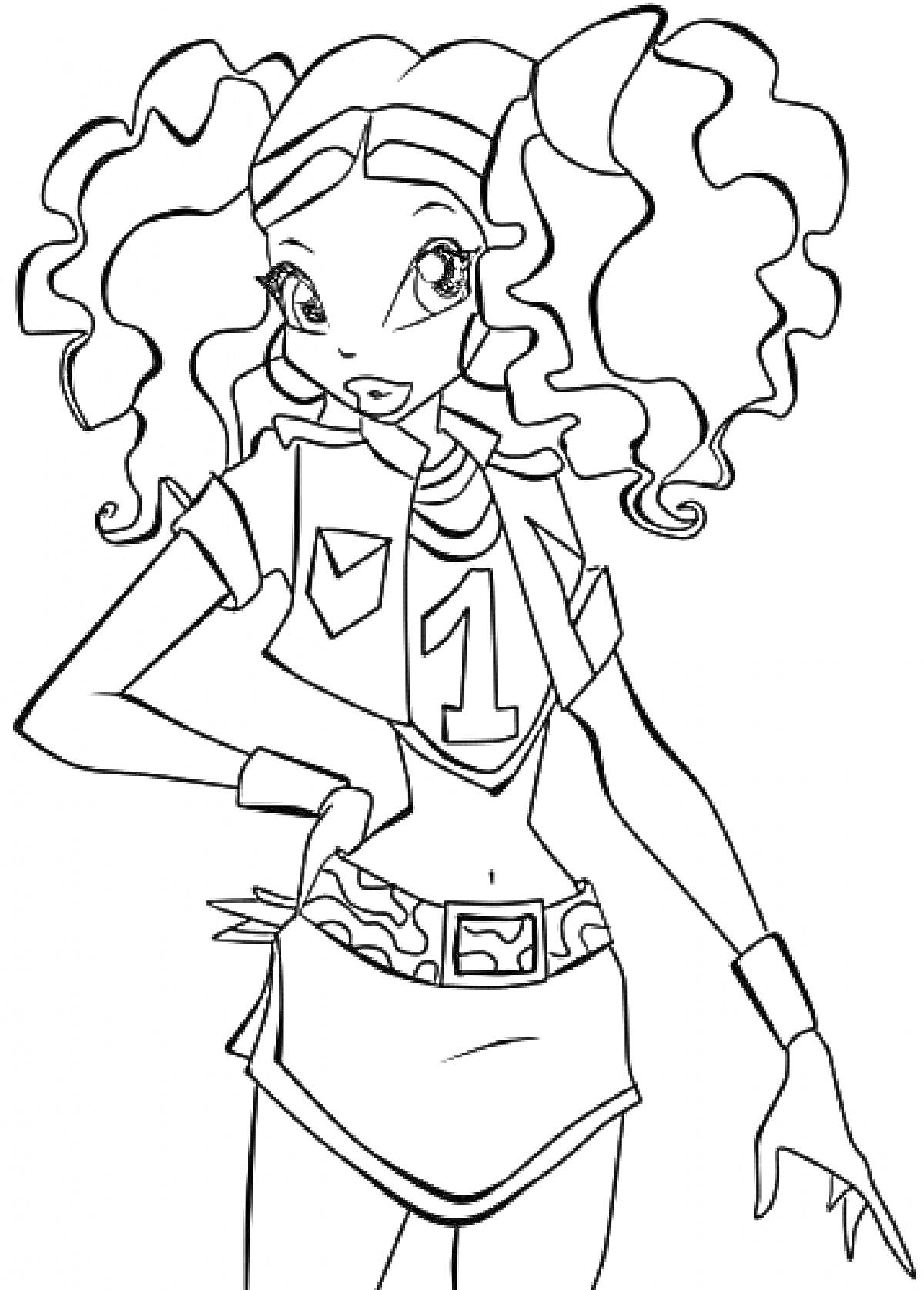 Раскраска Лейла из Винкс с волнистыми волосами, в футболке с номером 1 и юбкой