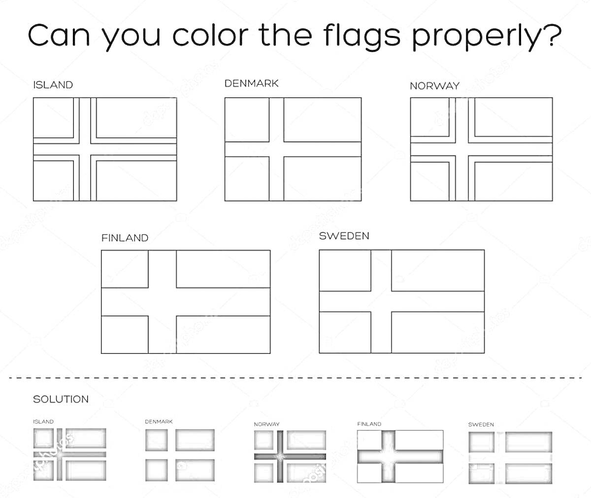 Раскраска - флаги стран (Исландия, Дания, Норвегия, Финляндия, Швеция)