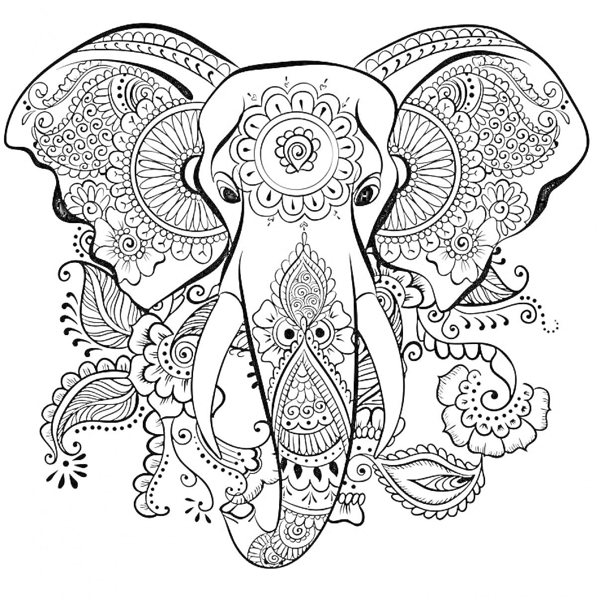 На раскраске изображено: Слон, Узоры, Цветы, Листья, Декоративные элементы, Арт, Орнамент, Зентангл