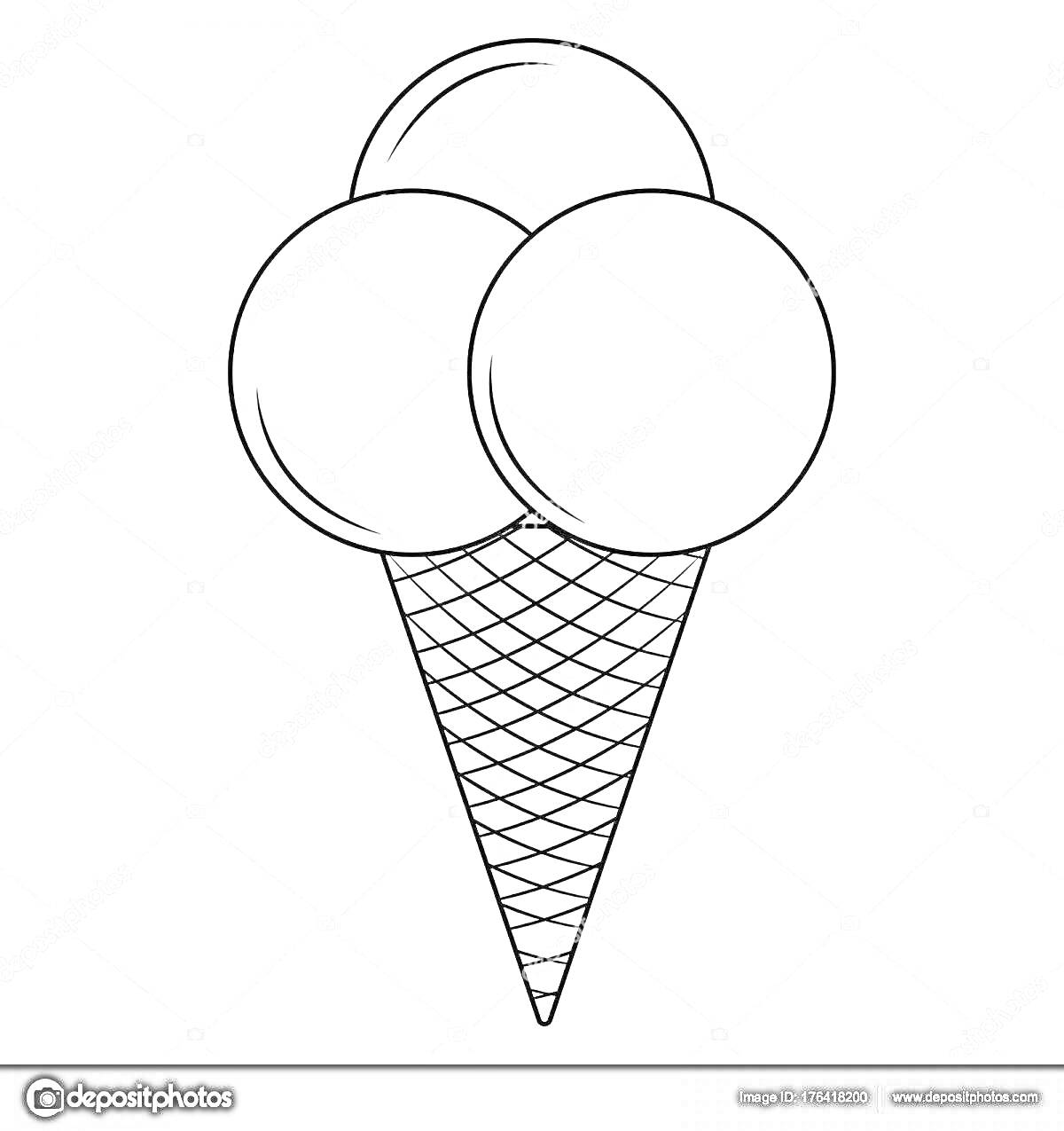 На раскраске изображено: Мороженое, Три шарика, Вафельный стаканчик, Сладости