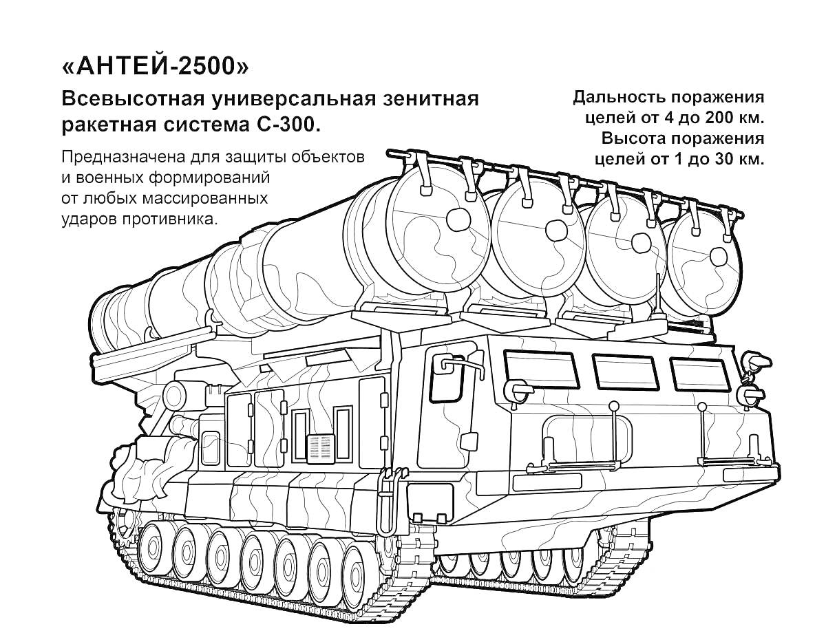 Раскраска Антей-2500, всевысотная универсальная зенитная ракетная система С-300 на гусеничном шасси