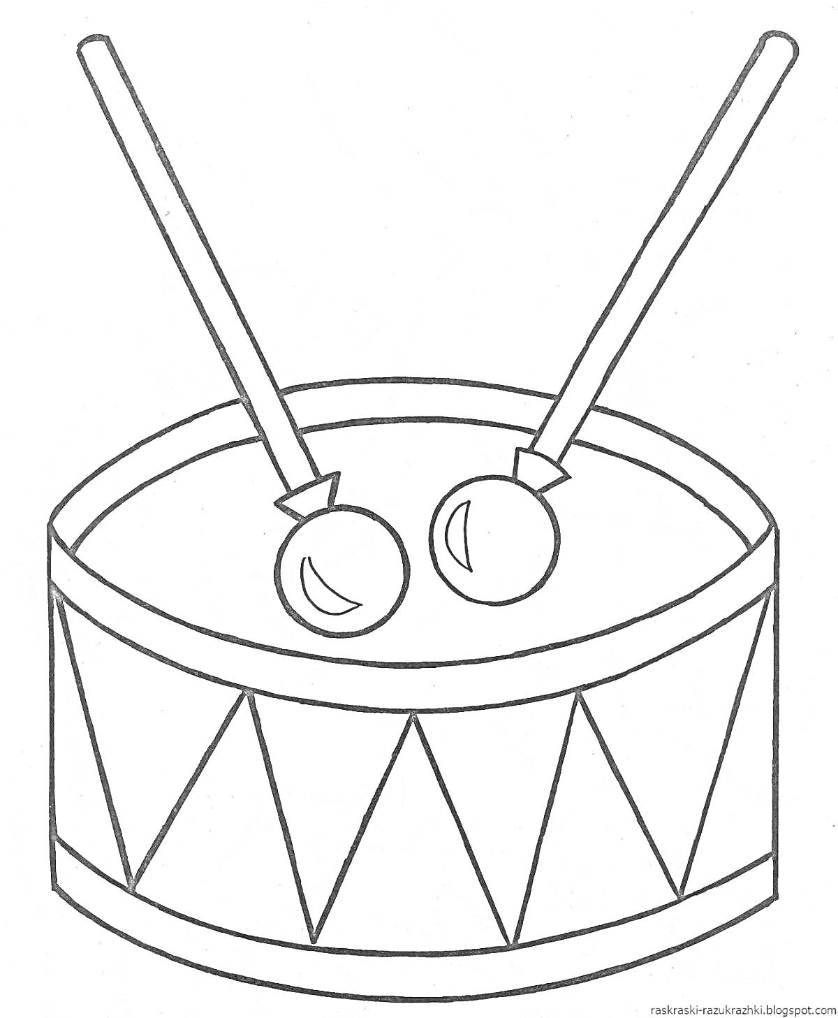 На раскраске изображено: Барабан, Палочки для барабана, Для детей 3-4 лет, Музыка, Перкуссия, Музыкальные инструменты, Барабанные палочки