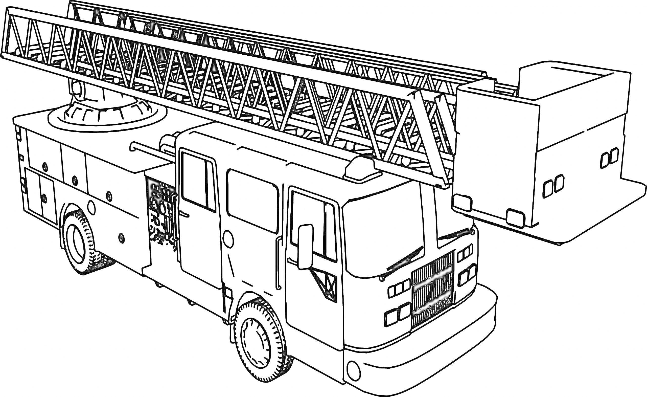 На раскраске изображено: Пожарная машина, Пожарная техника, Транспорт, Спецтехника