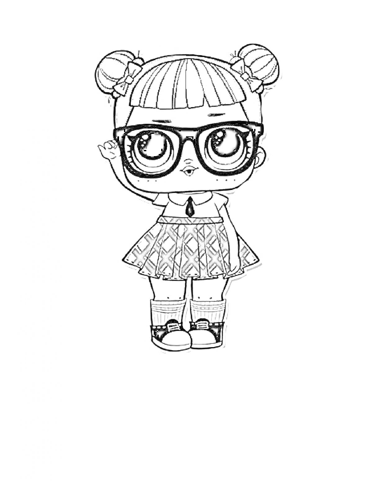Раскраска Кукла Лол в очках с двумя пучками, короткой чёлкой, в клетчатой юбке, носках и туфлях, в рубашке с галстуком