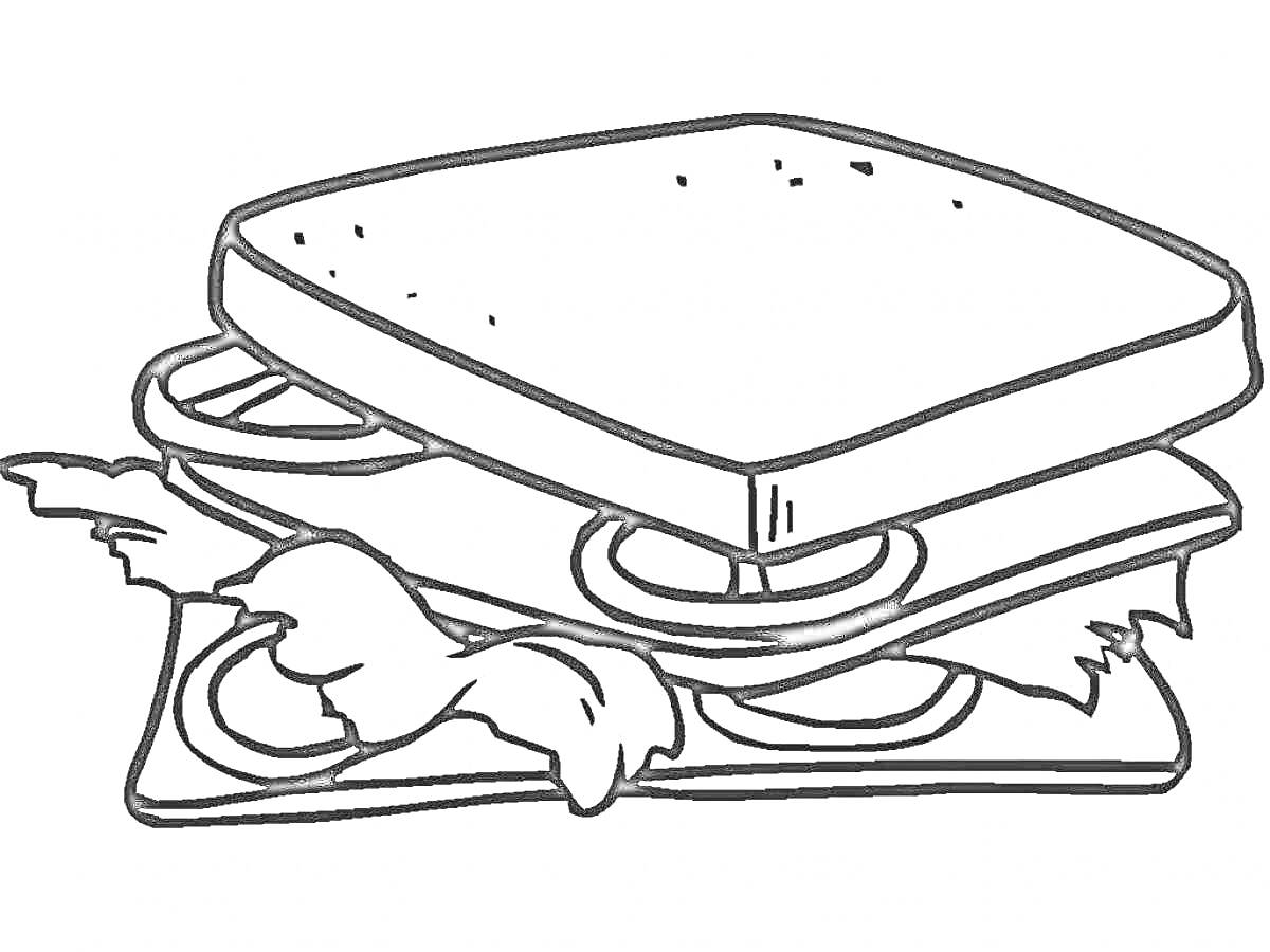 Раскраска Сэндвич с несколькими слоями - хлеб, помидоры, салат