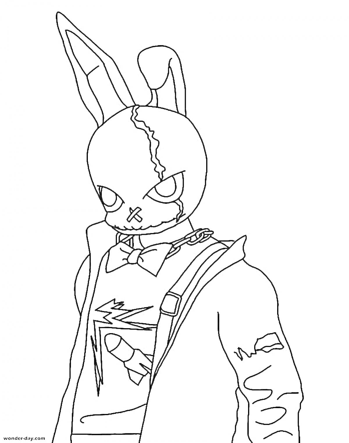 Воин в маске кролика с ошейником и трещинами, надетой курткой, рубашкой с рисунком ракеты.