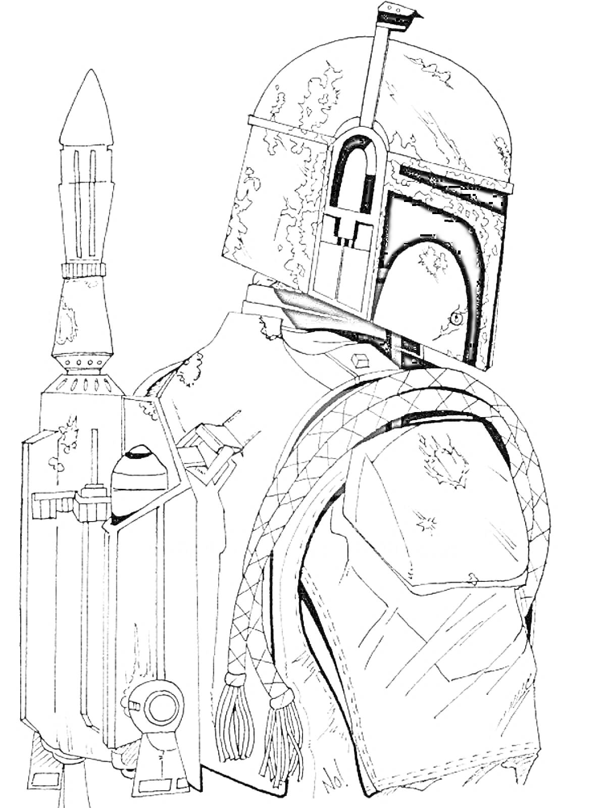 Раскраска Мандалорец с джетпаком, в шлеме и бронированном костюме