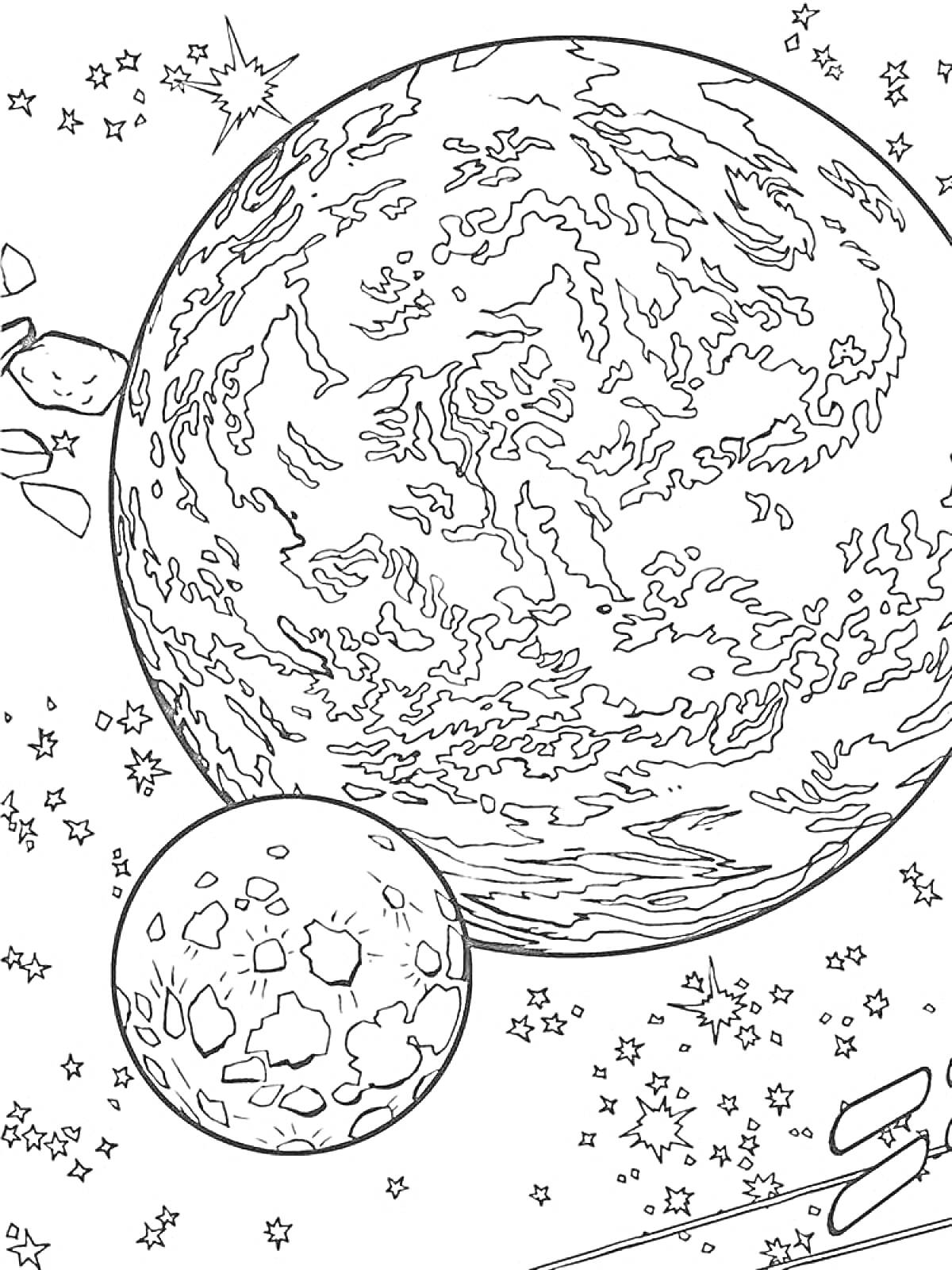 На раскраске изображено: Планеты, Звезды, Космос, Астероиды, Космический корабль, Цветные карандаши