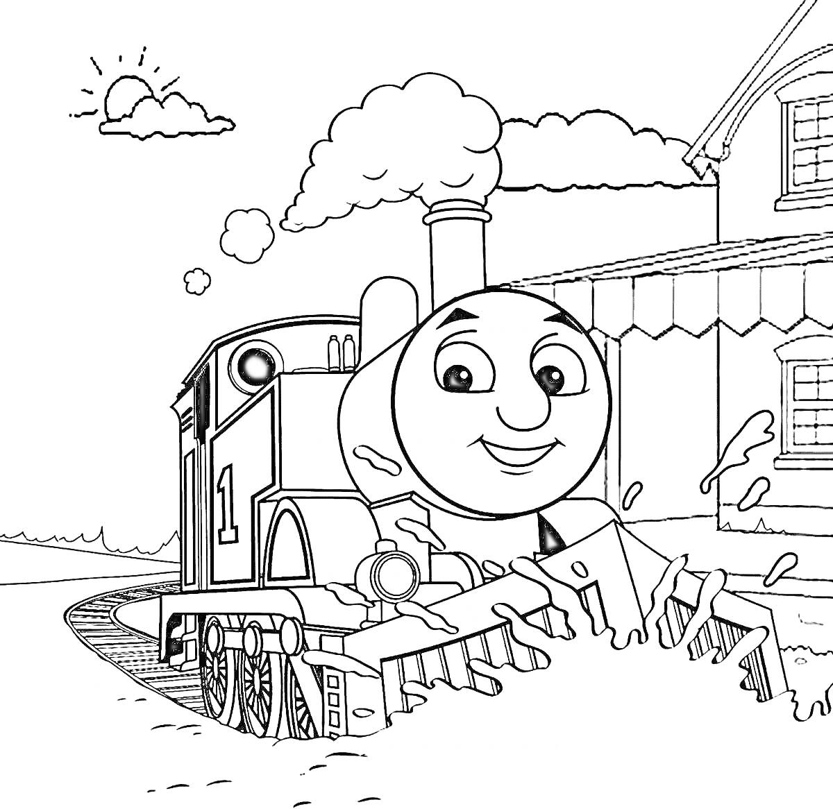 Раскраска Томас паровозик на железной дороге рядом с домом и солнечным небом