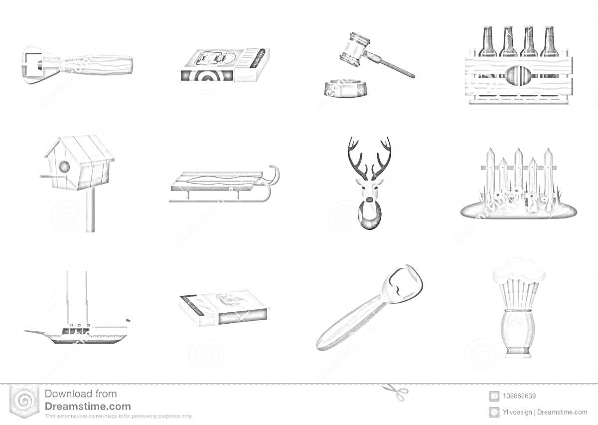 Раскраска Разнообразные деревянные предметы для детей: швейный наперсток, коробка, молоток, ящик с бутылками, скворечник, санки, голова оленя, забор, корабль, книжка, открывалка для бутылок, швабра с ведром.
