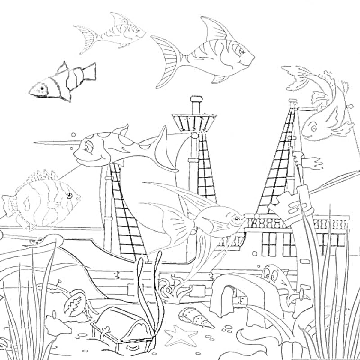 На раскраске изображено: Море, Вода, Затонувший корабль, Подводный мир, Водоросли, Подводная жизнь, Рыба, Океаны, Морские животные
