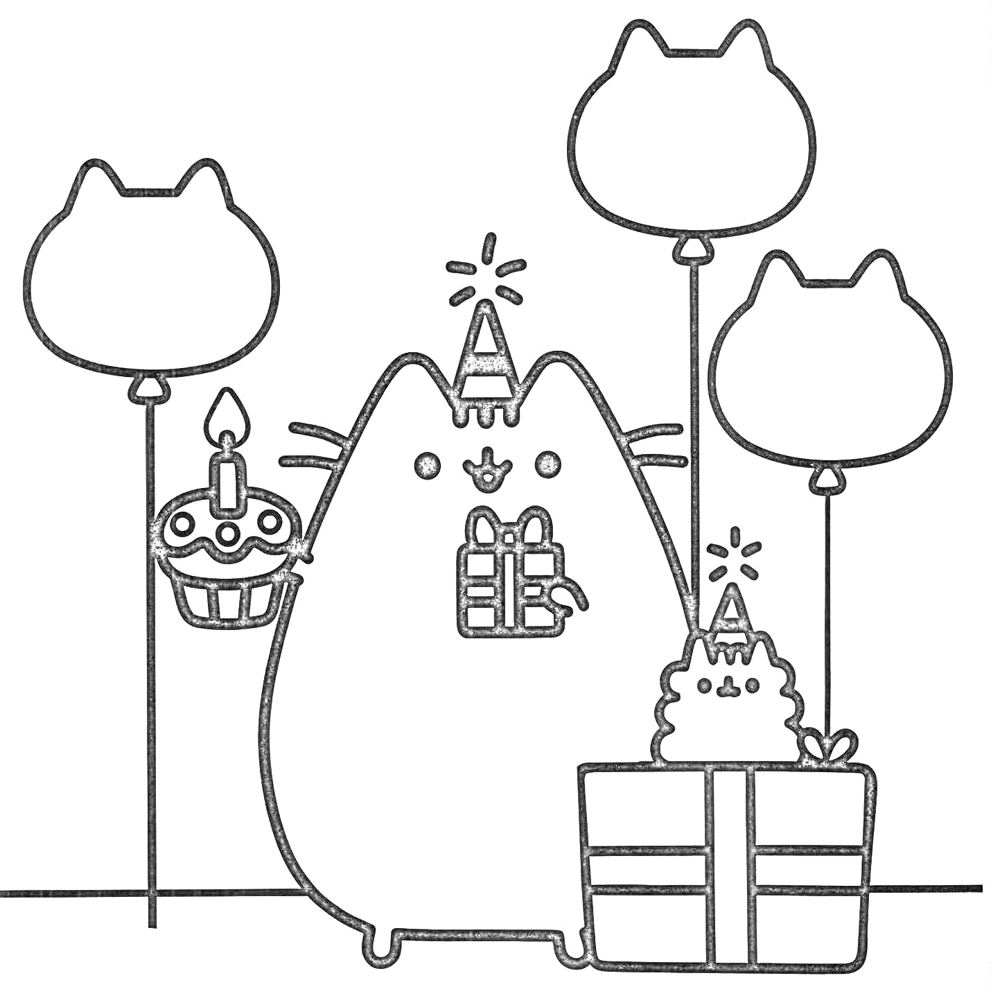 Раскраска Кот Пушин на вечеринке с тортом, шариками и подарками