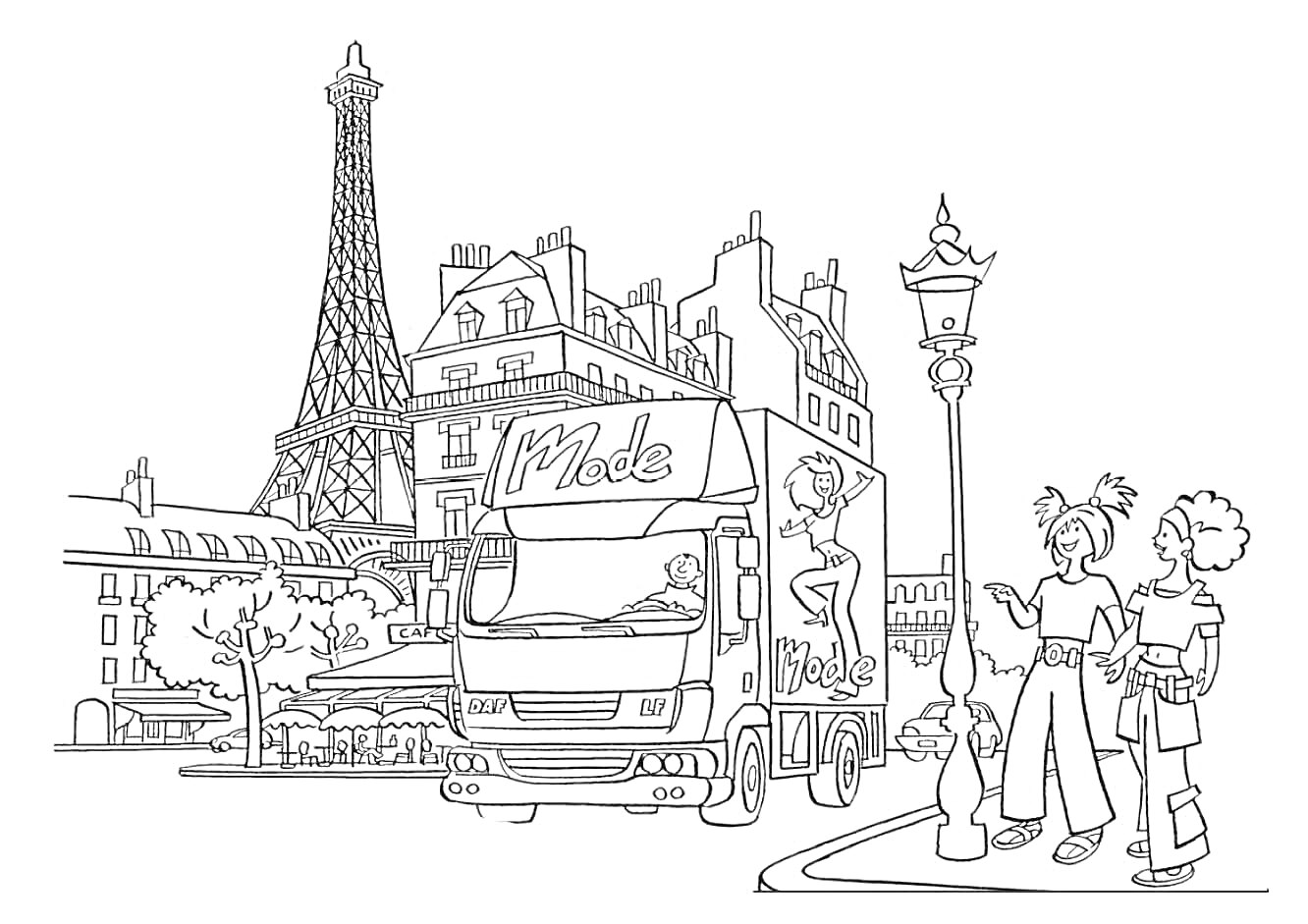 На раскраске изображено: Франция, Париж, Эйфелева башня, Мода, Деревья, Для детей, Дом, Человек, Грузовая машина, Улицы, Фонари