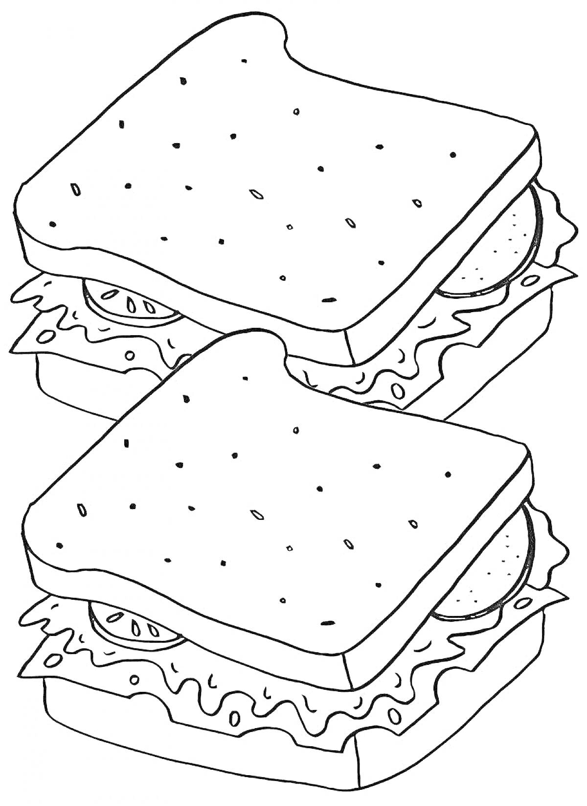 На раскраске изображено: Сэндвич, Бутерброд, Хлеб, Салат, Овощи, Еда