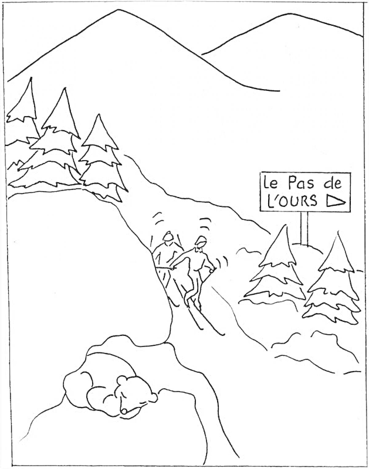 На раскраске изображено: Эльбрус, Горы, Туристы, Тропа, Медведь, Деревья, Франция