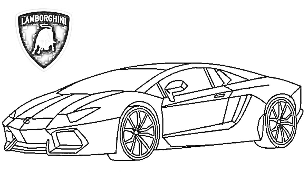 На раскраске изображено: Lamborghini, Спортивный автомобиль, Суперкар, Транспорт, Логотипы, Авто