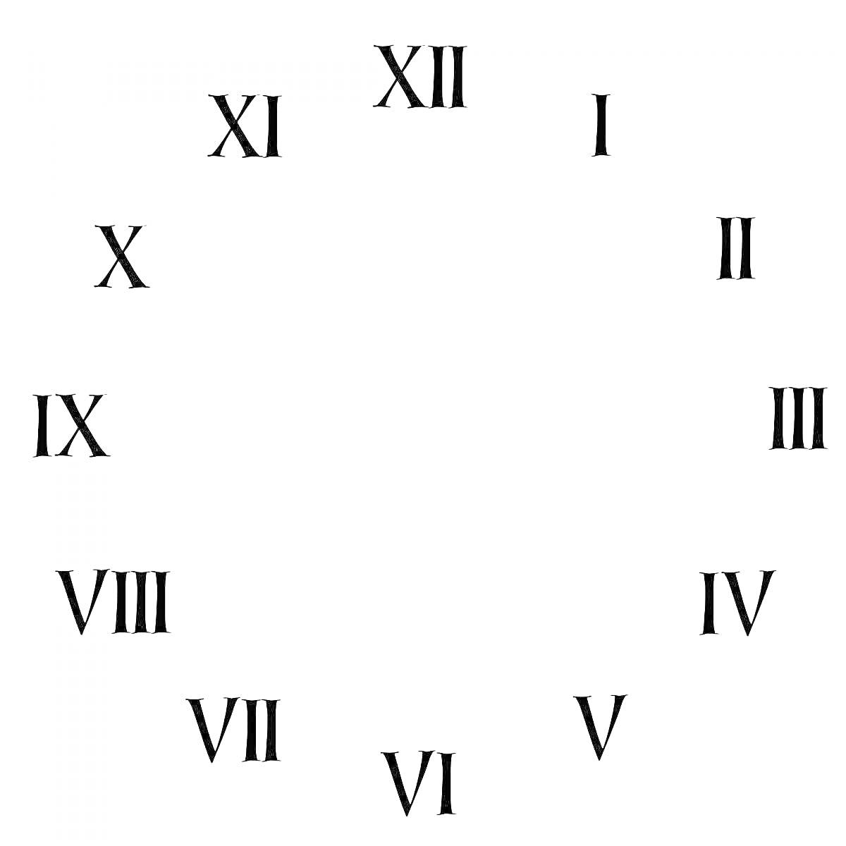 На раскраске изображено: Римские цифры, Часы, Цифры, II, III, IV, VI, VII, VIII, IX