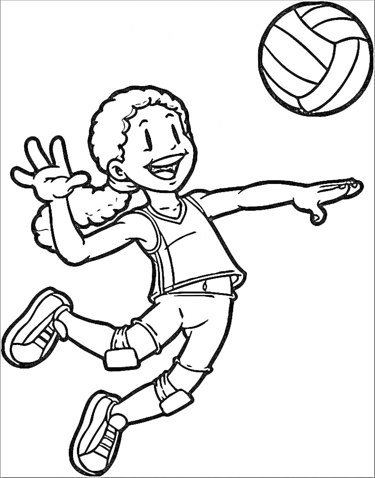 На раскраске изображено: Спорт, Волейбол, Девочка, Игра, Активность, Форма, Кроссовки, Для детей, Мячи, Прыжки