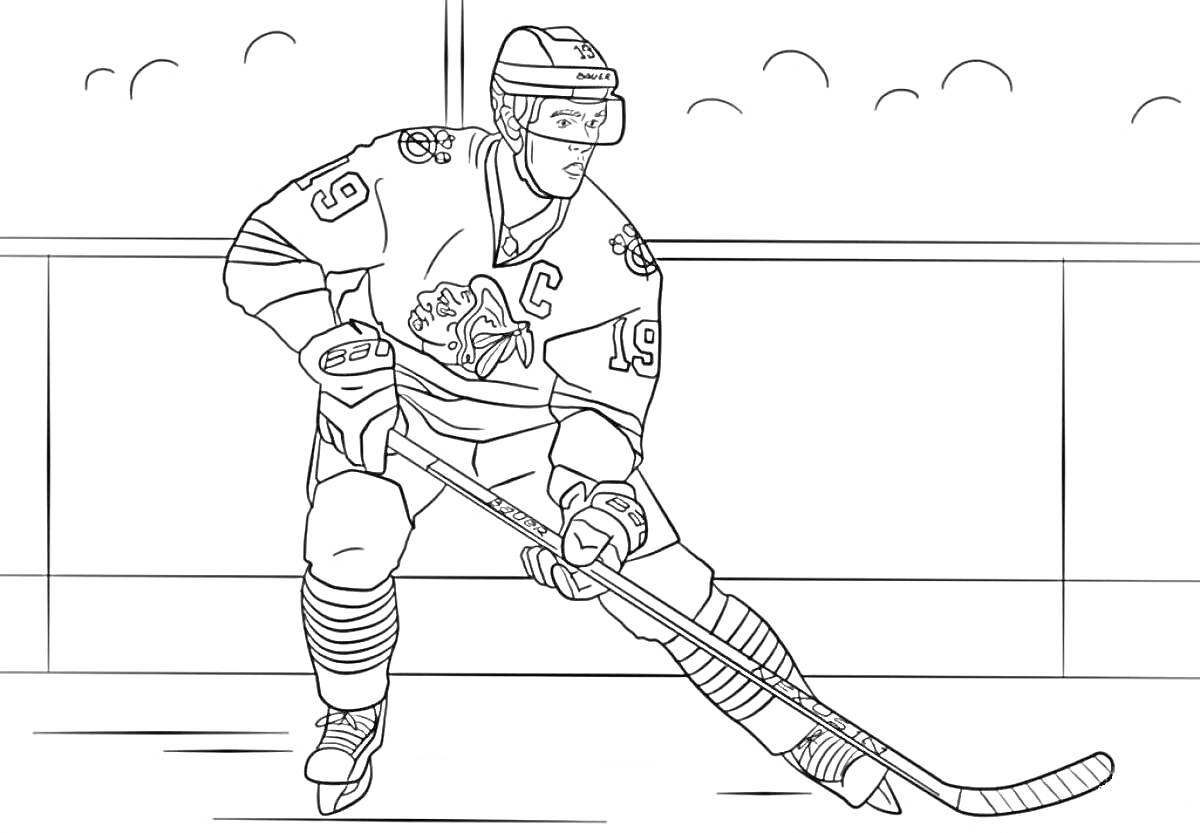 Раскраска Хоккеист на льду с клюшкой и шайбой перед бортиком с трибунами