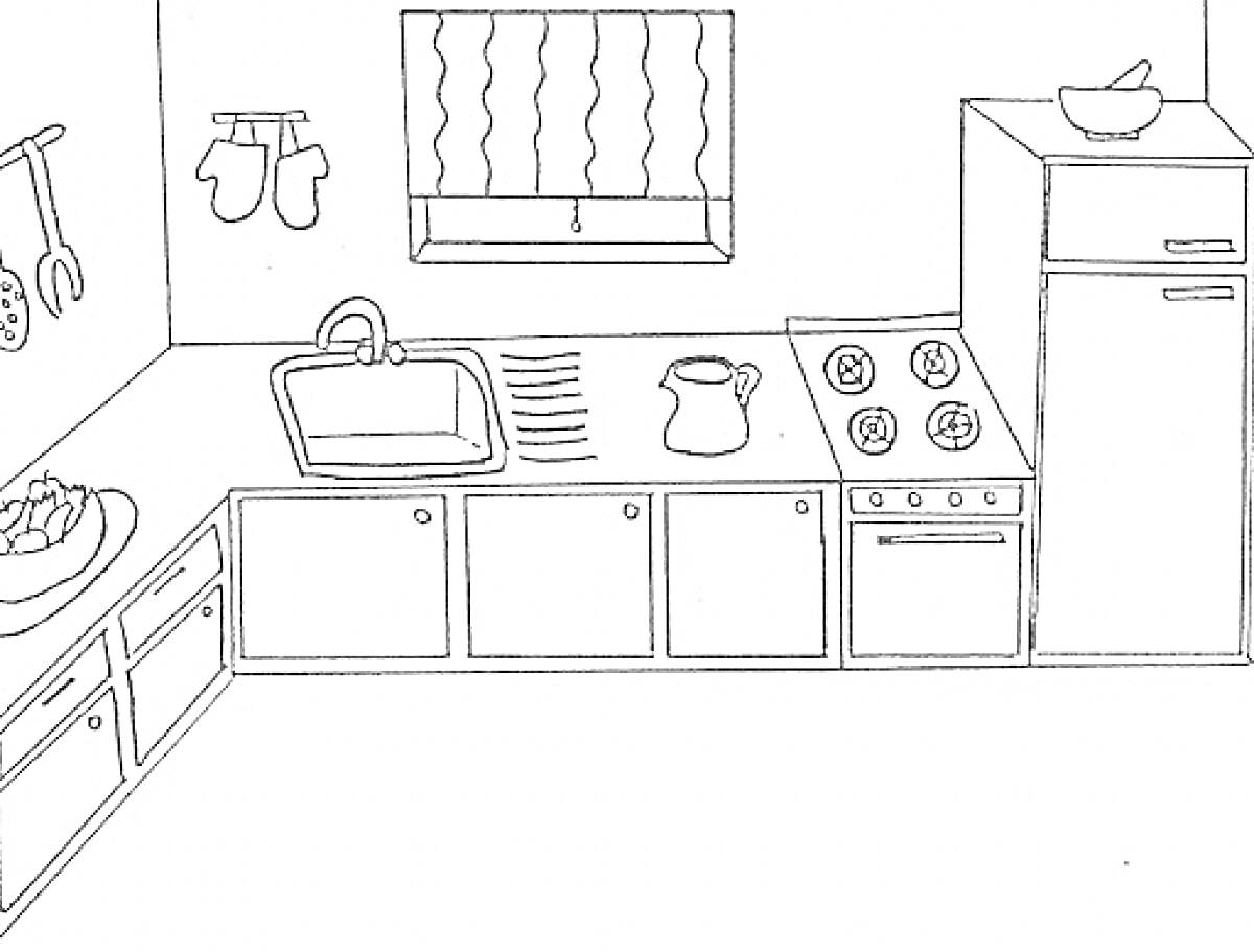 На раскраске изображено: Кухня, Раковина, Плита, Холодильник, Кувшин, Кухонная утварь, Окна, Варежка