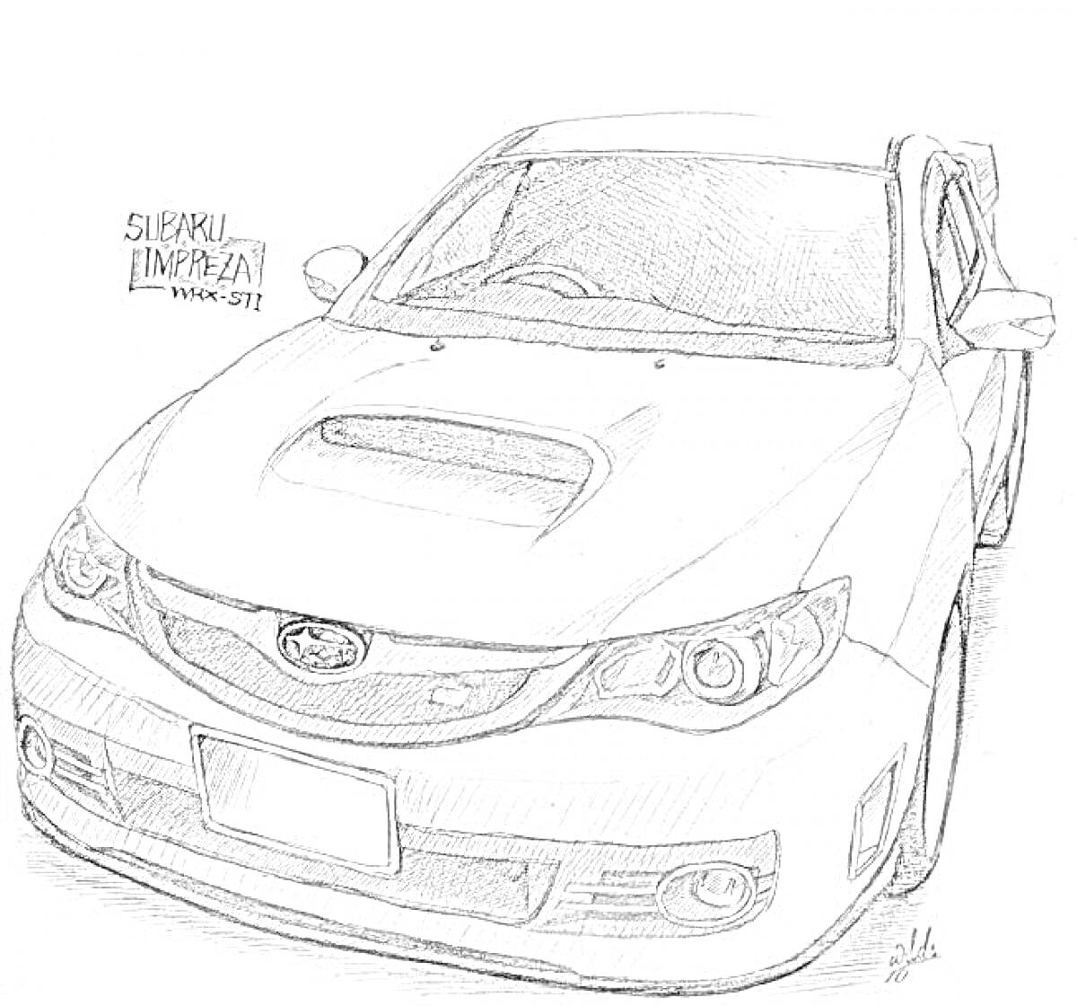 Рисунок Subaru Impreza, модель WRX STI, вид спереди, крупный воздухозаборник на капоте, фары, передний бампер, капот, решетка радиатора с логотипом Subaru, боковые зеркала, интеркулер, антикрыло на багажнике