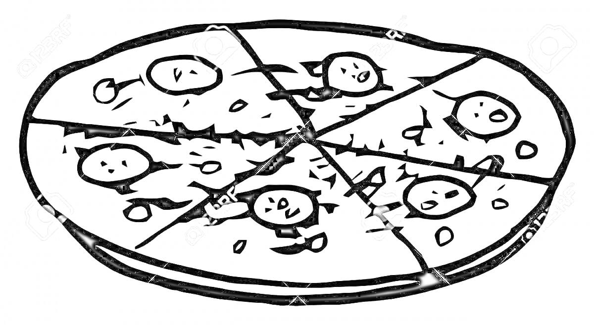 Раскраска Раскраска - пицца пепперони с ломтиками, сыром и кетчупом, нарезанная на шесть частей
