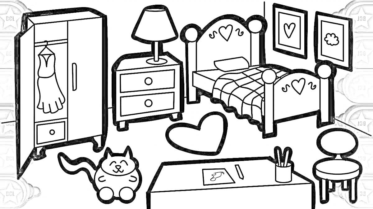Раскраска Комната с кроватью, шкафом, стулом, столом, лампой и котом