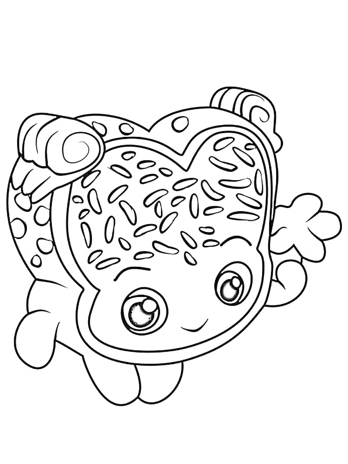 Раскраска Шопкинс - булочка с глазурью, руки, ноги, большие глаза