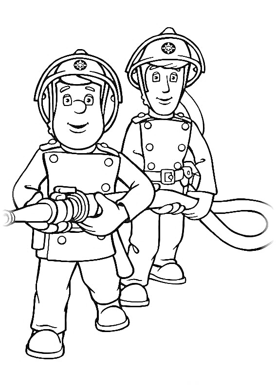 Раскраска Пожарный Сэм и его коллега с пожарным шлангом