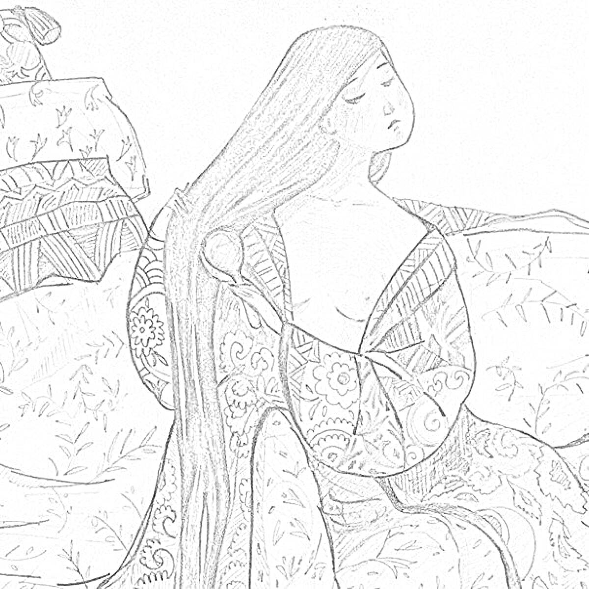 На раскраске изображено: Царица, Томирис, Длинные волосы, Расческа, Узоры, Ткань, Орнамент, Кресло