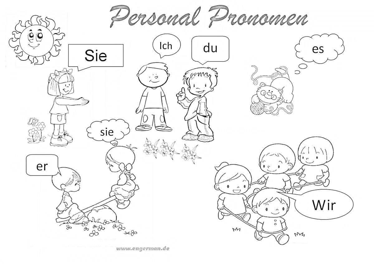 Раскраска Personal Pronomen с изображениями детей, персонажей и животных, иллюстрирующих немецкие местоимения (ich, du, er, sie, es, wir, sie).