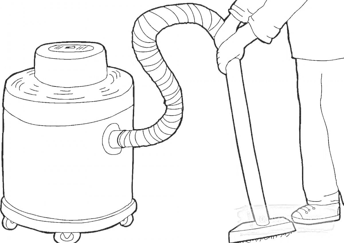 Раскраска Пылесос на колесиках с гибким шлангом и человек, держащий ручку пылесоса