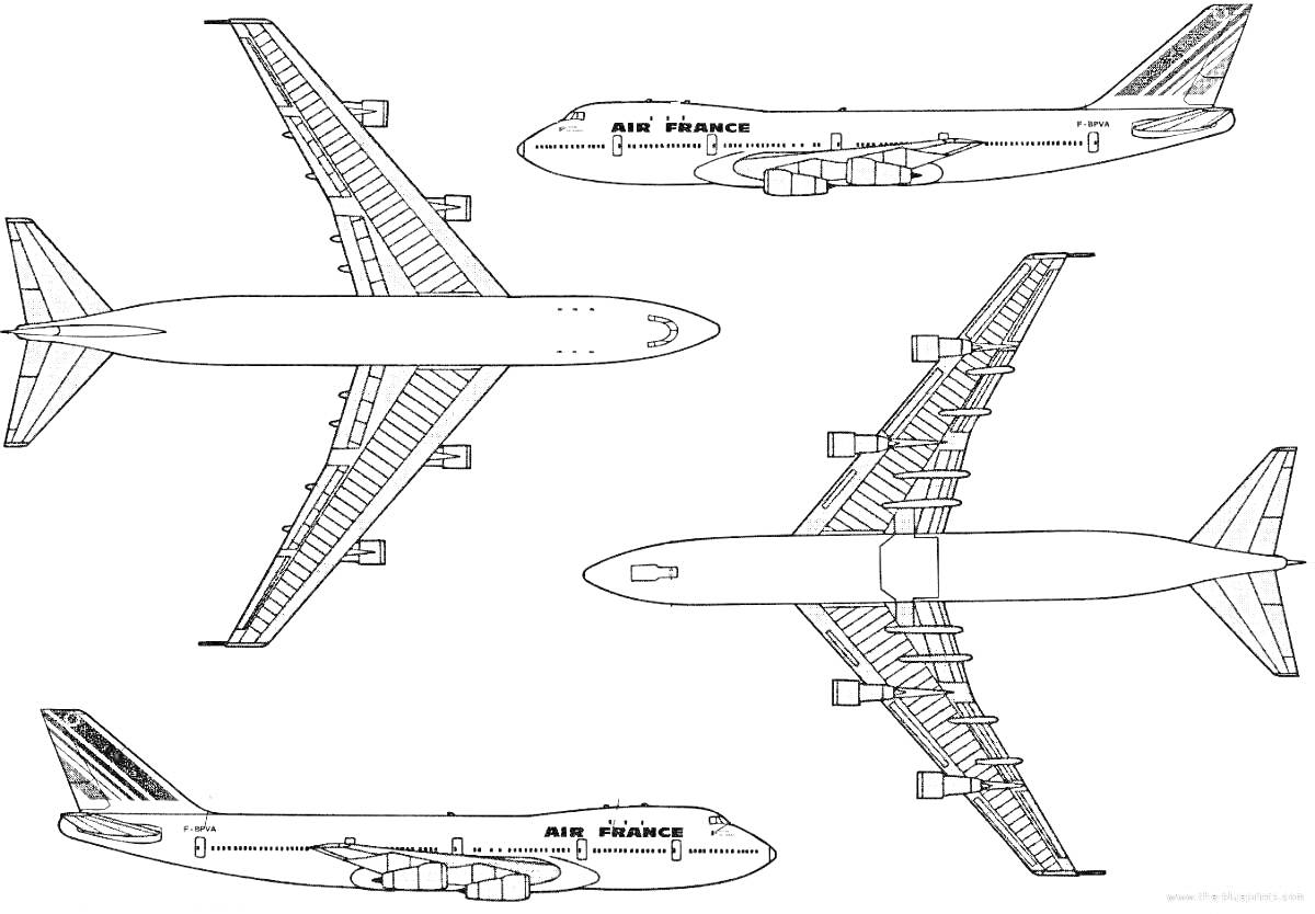 Раскраска Раскраска с изображением четырех проекций самолета Боинг 747, включая: вид сзади, вид спереди, вид сверху и вид сбоку.