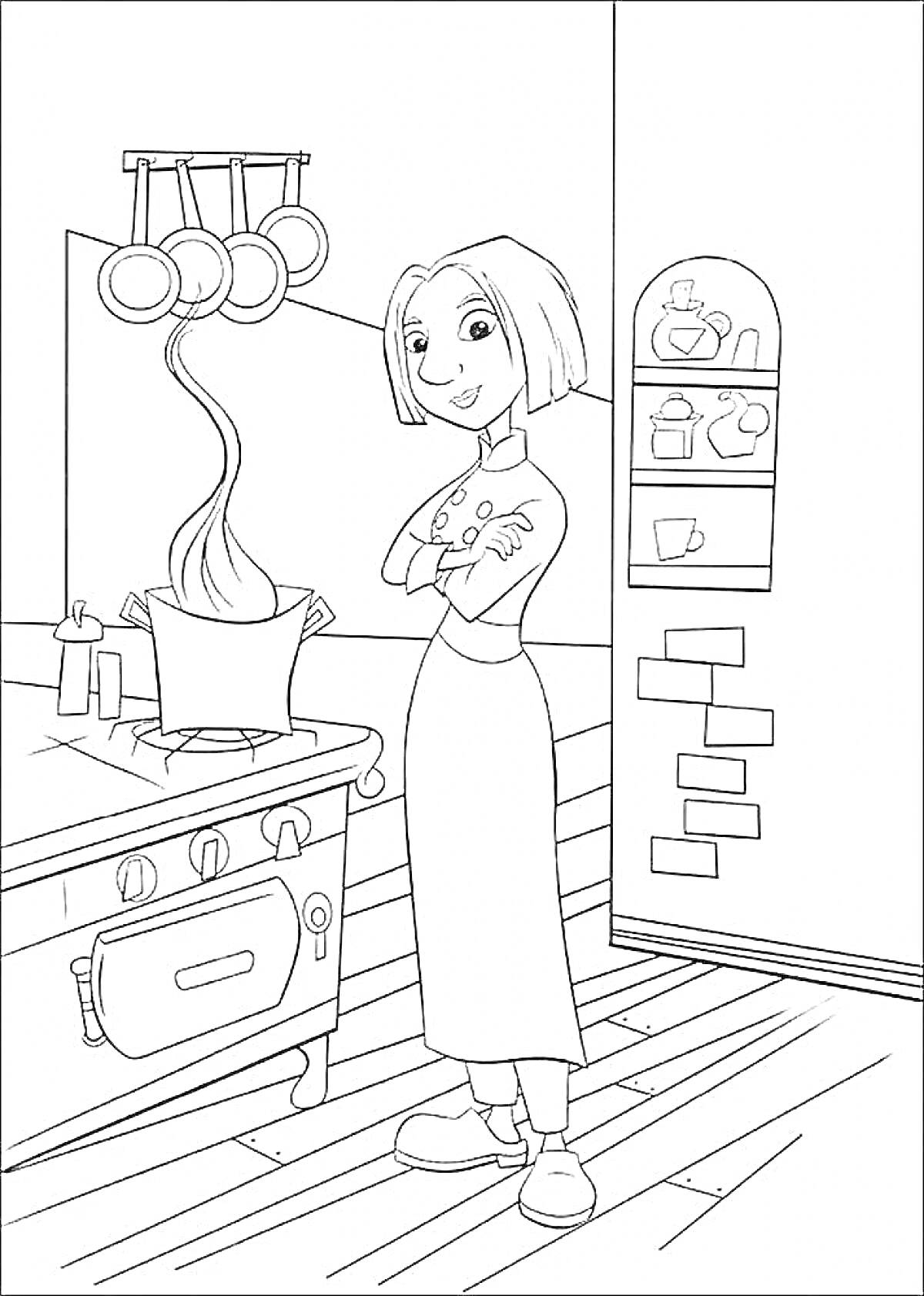 На раскраске изображено: Кухня, Волшебство, Девочка, Плита, Дым, Полки, Посуда, Пол, Кастрюли