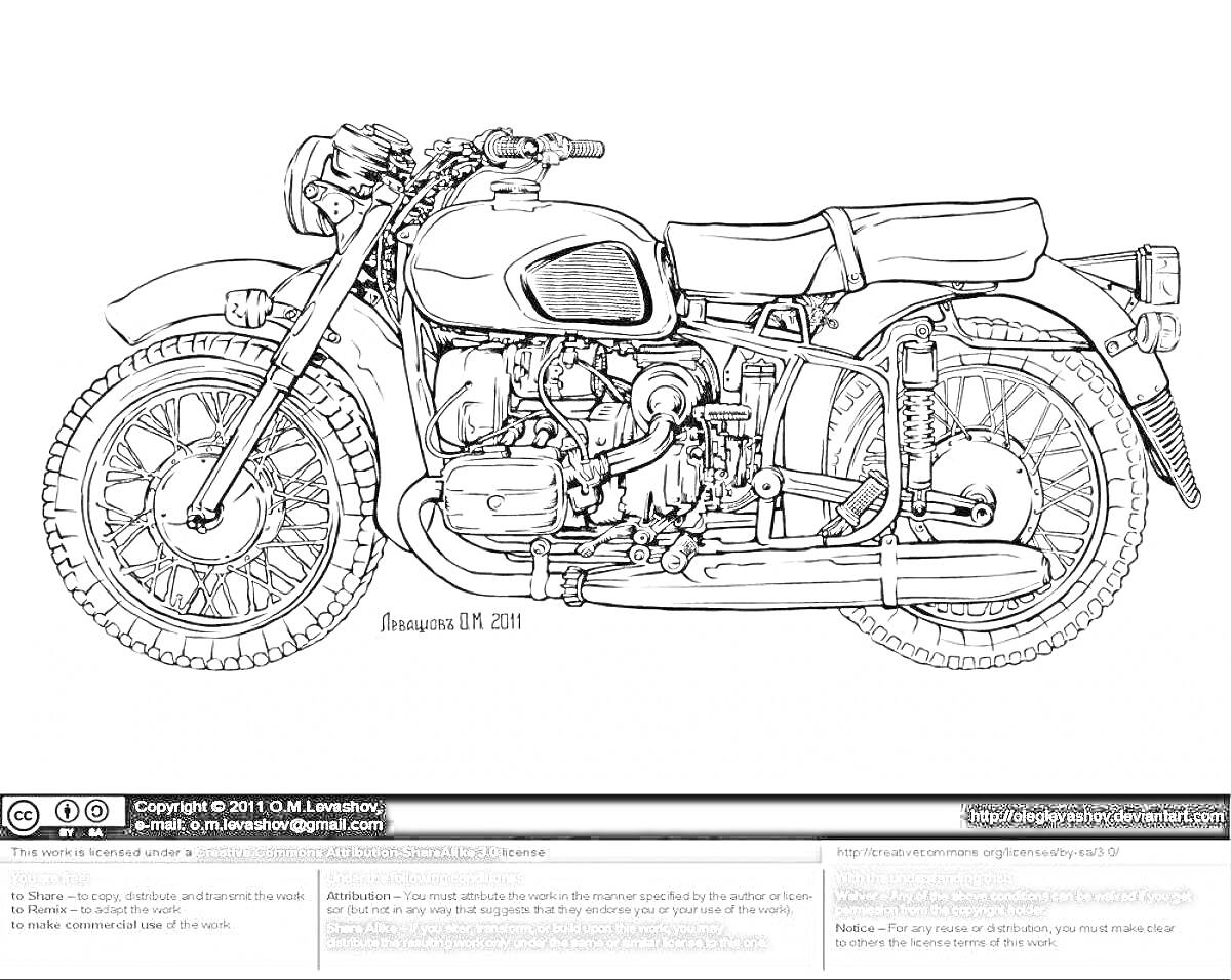 Раскраска Мотоцикл Урал с сиденьем, ротором, глушителем и ручным тормозом
