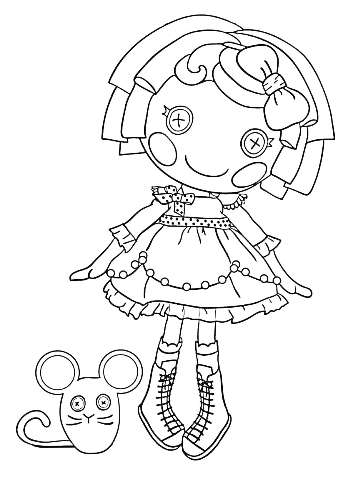 Раскраска Лалалупси кукла в платье с пуговицами и бантом на волосах, рядом с мышкой