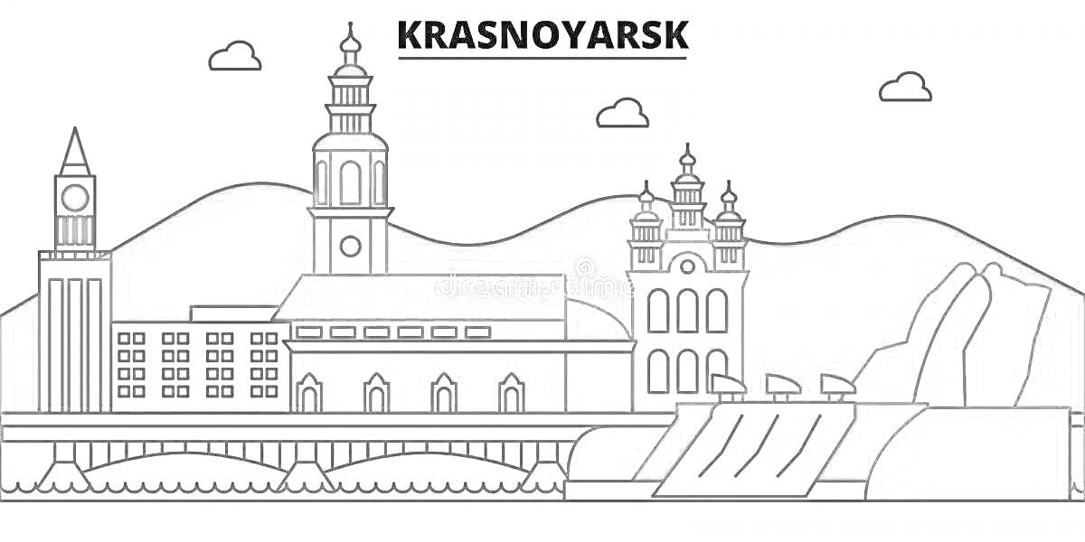 Раскраска Красноярская часовня с окружающими зданиями, горами и рекой на фоне, облаками в небе