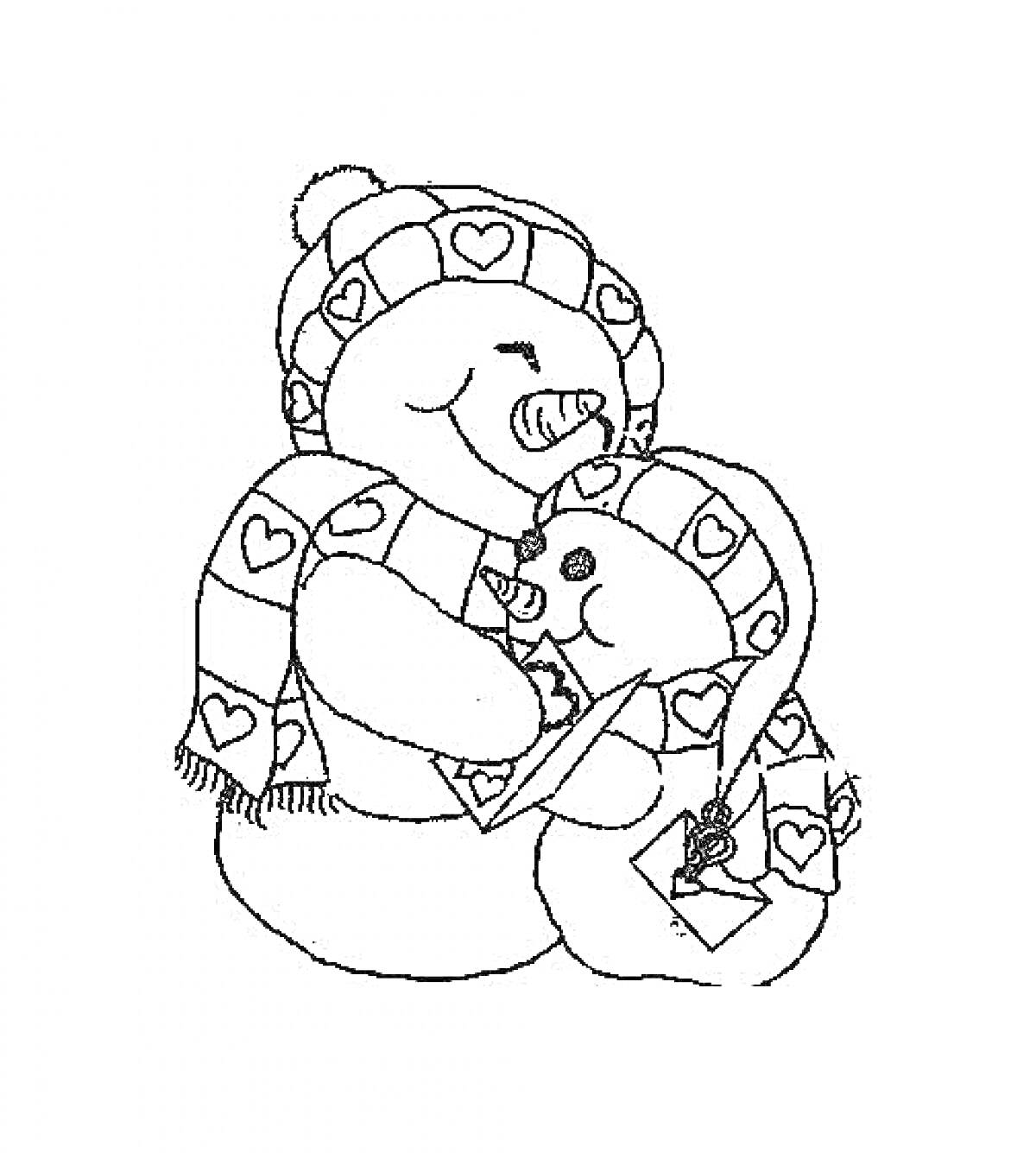 Раскраска Два снеговика в шапках и шарфах с сердечками, большой снеговик читает книгу маленькому снеговику