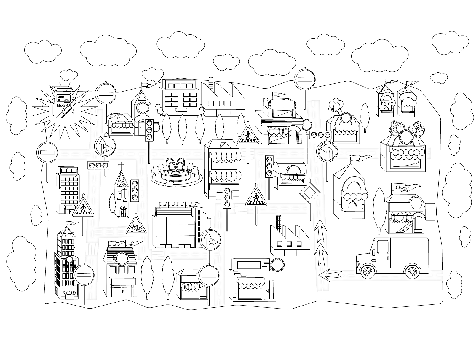 Городская сцена с различными зданиями и транспортом, включая дома, заводы, грузовики, грузовые поезда, магазины, парки с фонтанами и дорожные знаки