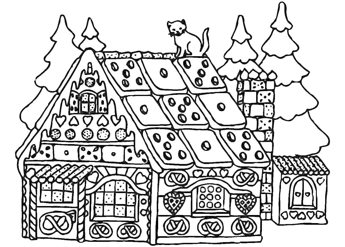 Раскраска Пряничный домик с кошкой на крыше, украшенный конфетами и сердечками, на фоне елок