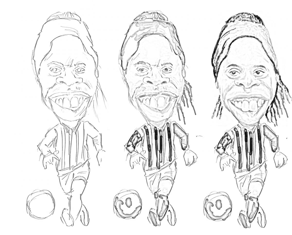 На раскраске изображено: Карикатура, Футболист, Футбол, Спорт, Мячи