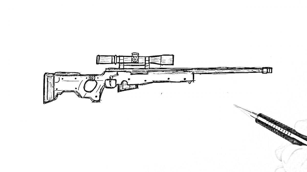 На раскраске изображено: Снайперская винтовка, Оружие, Прицел