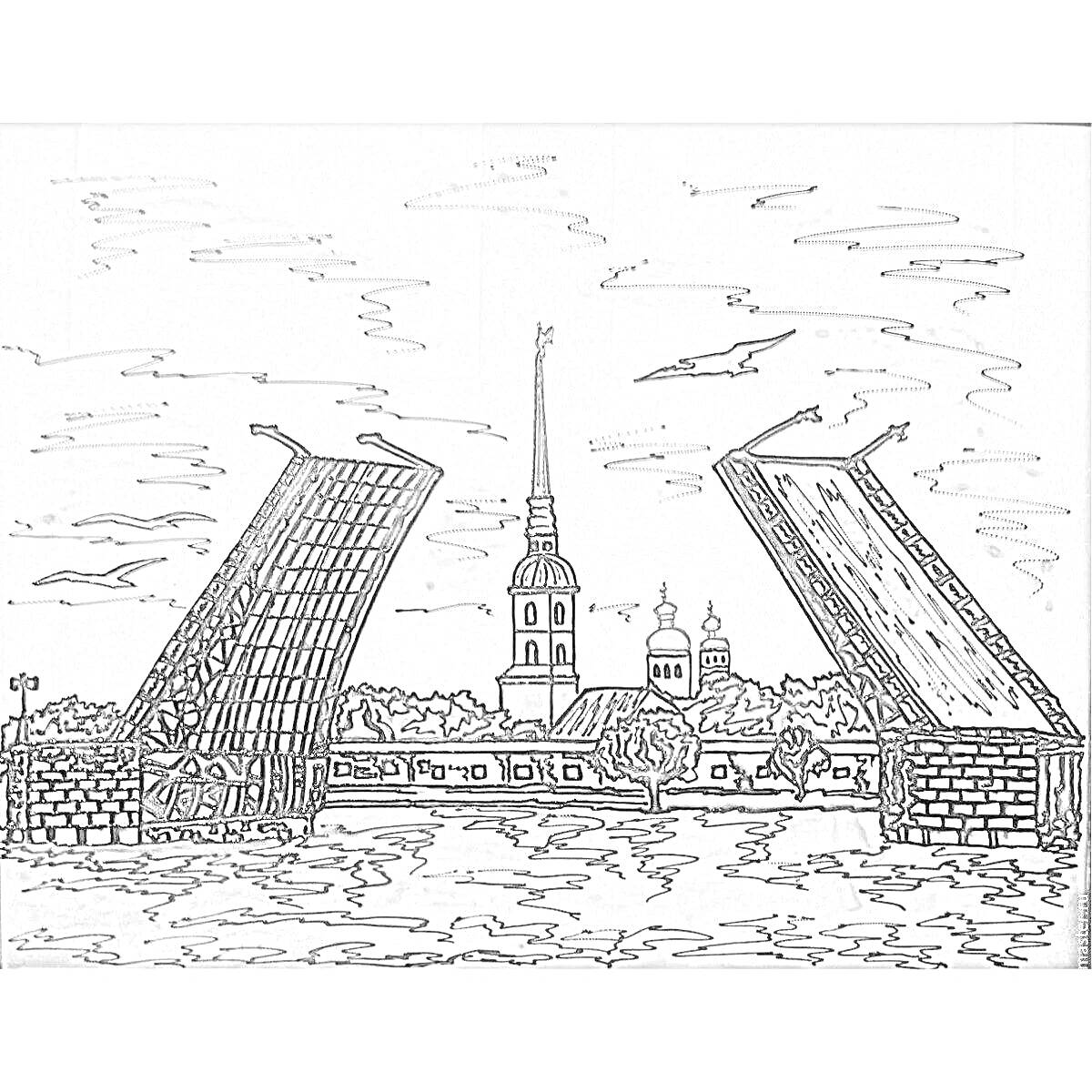 Раскраска Разводной мост Санкт-Петербурга с видом на Петропавловский собор и реку Неву