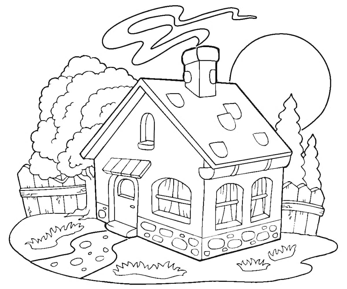 На раскраске изображено: Дом, Крыша, Труба, Окна, Дверь, Забор, Деревья, Кусты, Трава, Дорожка, Солнце, Облака