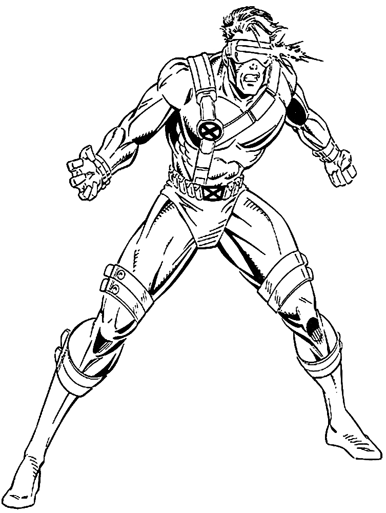 Раскраска Силач-мутант с повязкой на глазах в супергеройском костюме с ремнями и поясом, стреляющий лазером