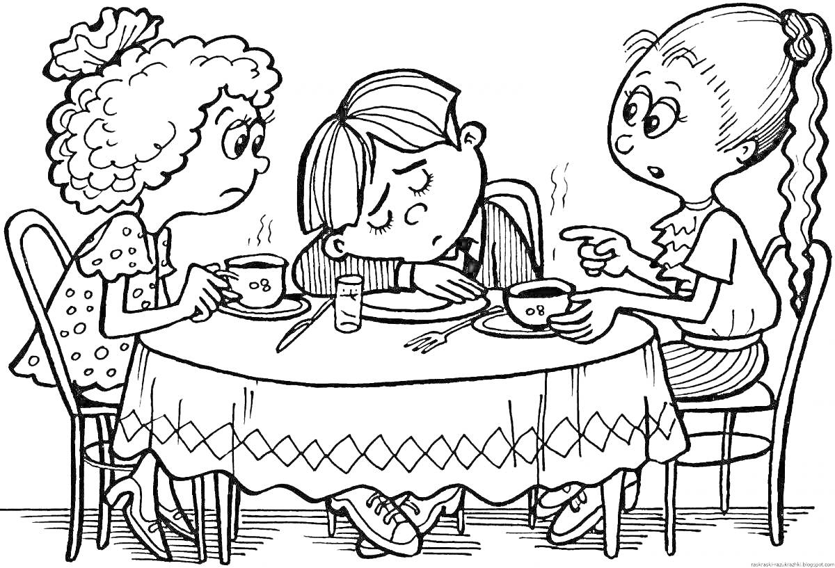 Раскраска Три ребенка за столом, беседа за чашками чая