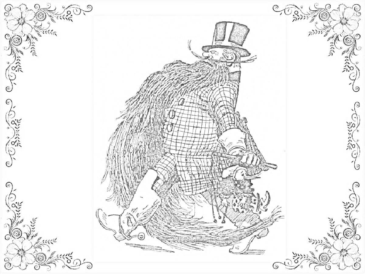 Раскраска Карабас Барабас в клетчатом костюме, с длинной бородой, в цилиндре с полями, несет мешок
