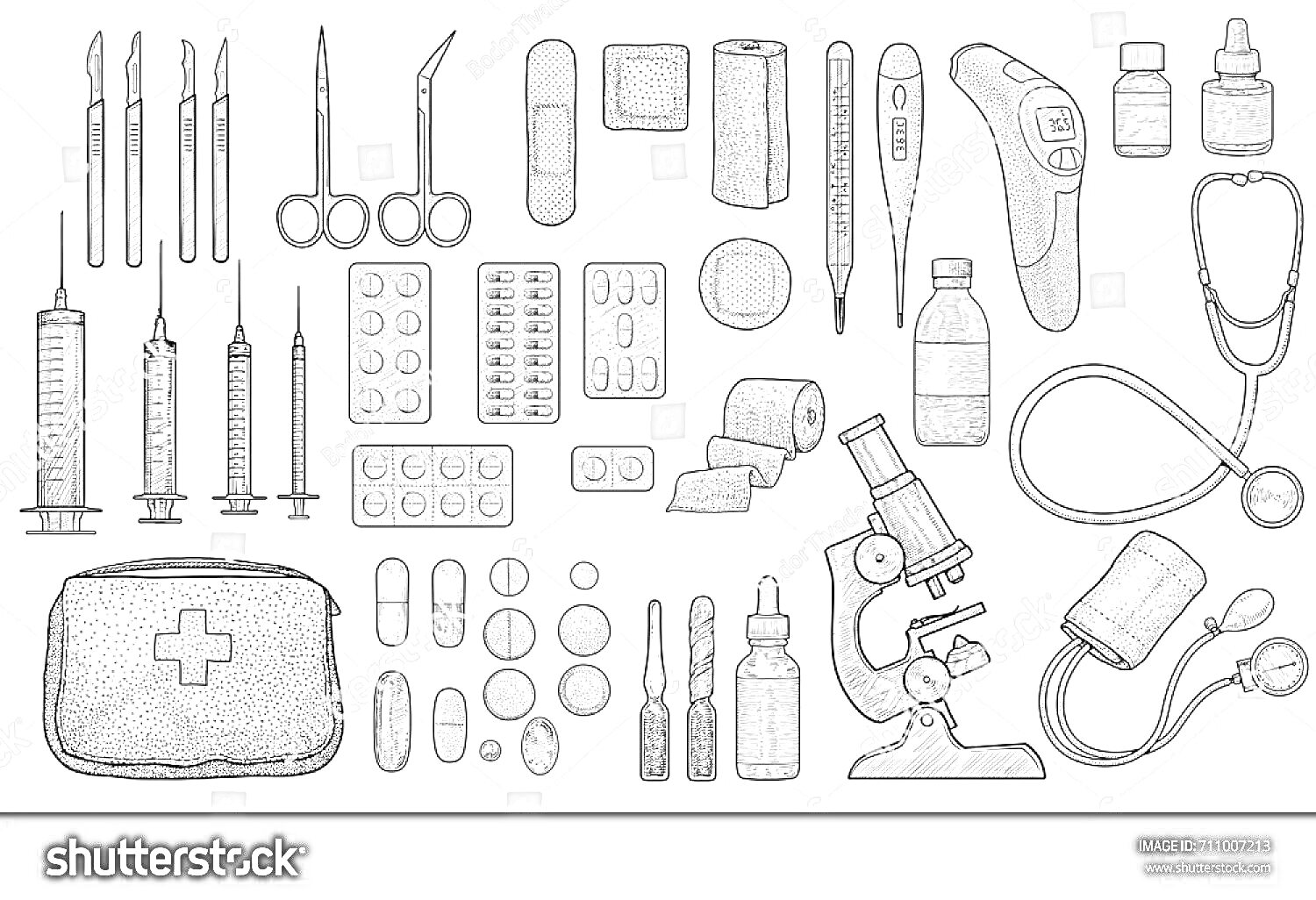 Раскраска Медицинские инструменты - шприцы, ножницы, бинты, таблетки, градусник, стетоскоп, микроскоп, медицинская сумка, ампула