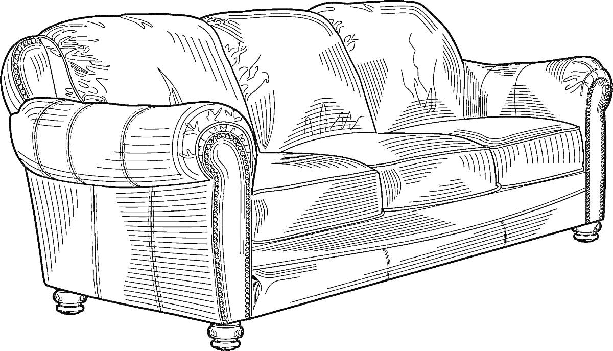 Раскраска Диван с мягкими подушками и декоративными элементами