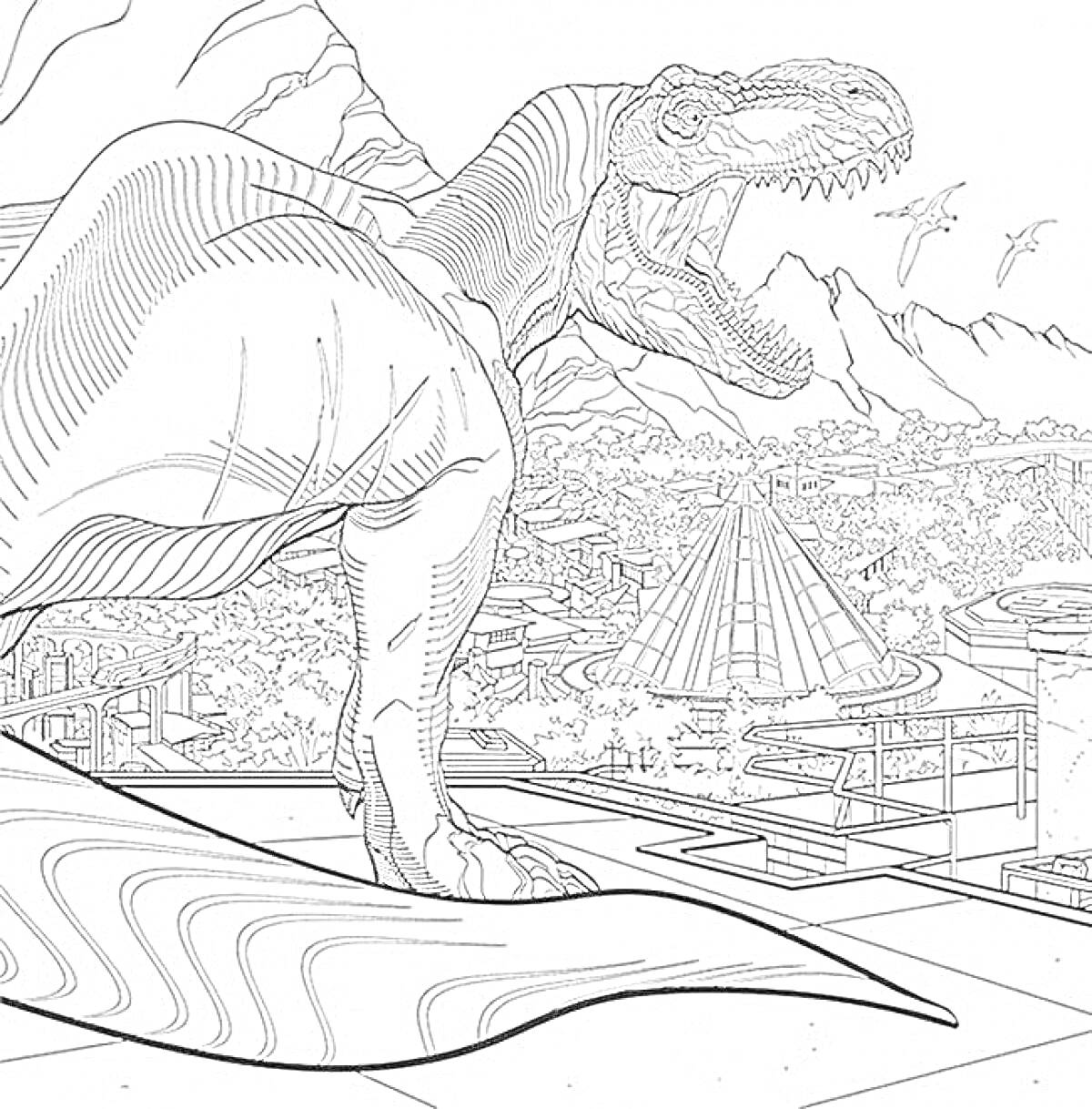 Раскраска Тираннозавр в Юрском Парке с летающими птеродактилями, горами и зданиями на горизонте